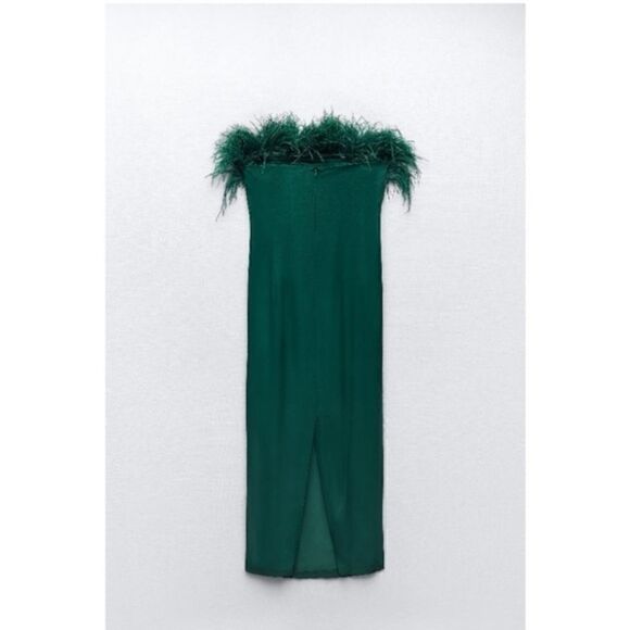 BLOGGER’S FAVE | NWT Zara - Green Feather Satin Effect Strapless Dress - Picture 9 of 16